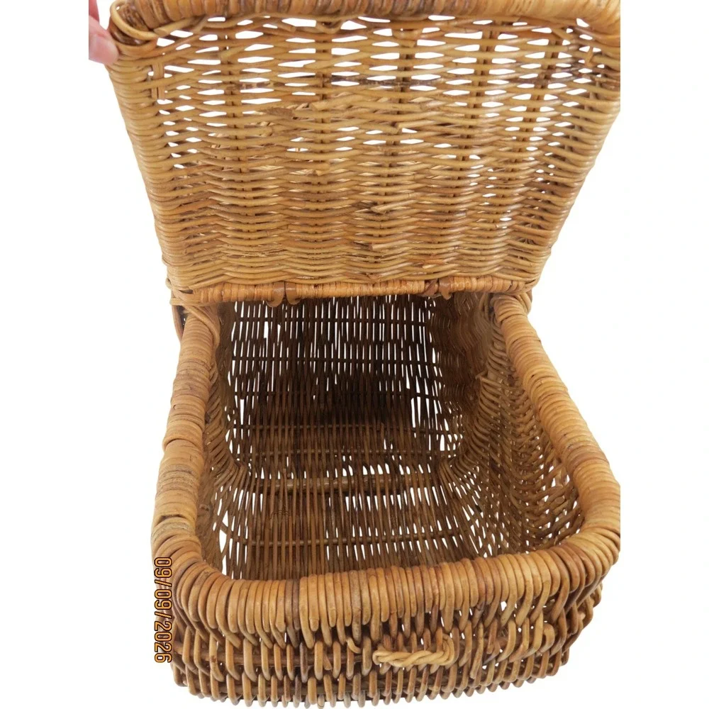 Vintage French Country Wicker Picnic Basket Double Bottom Rattan Hinged Lid